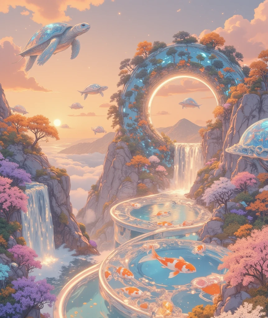 "A surreal, dreamlike artificial paradise. The landscape is filled with floating, perfectly circular pools of water resembling giant donut shapes, each with a central hole. These water rings hover above a soft, ethereal terrain and are connected by faint bridges made of light and mist. Inside each circular pool, radiant koi fish swim in elegant spirals — their orange, gold, and white bodies shimmering in the glowing liquid.
Above this utopia, enormous flying turtles drift gracefully. Their shells are made of translucent, jelly-like material — glowing softly and tinted in pastel blues, purples, and greens. Inside their gelatinous shells, self-contained ecosystems are clearly visible: lush miniature forests, glowing fungi, waterfalls, and floating islands — like entire biomes suspended in flight.
The sky is a pastel gradient of peach, lilac, and gold, like an endless sunset. Small glowing particles float through the air, adding a dreamlike magic to the scene. The aesthetic blends the natural and the synthetic in harmony, evoking a serene, futuristic utopia — peaceful, colorful, and filled with life."