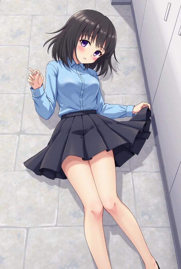 Yoshizuki_Iori, Huge_chest, Are standing, alone, School_uniform_purple_shirt_green_skirt_white_neckerchief_black_Knee socks, masterpiece, Highest quality, Detailed face, Fine grain, High resolution, mini skirt, (skirt lifted by self:1.2), white panties, pov