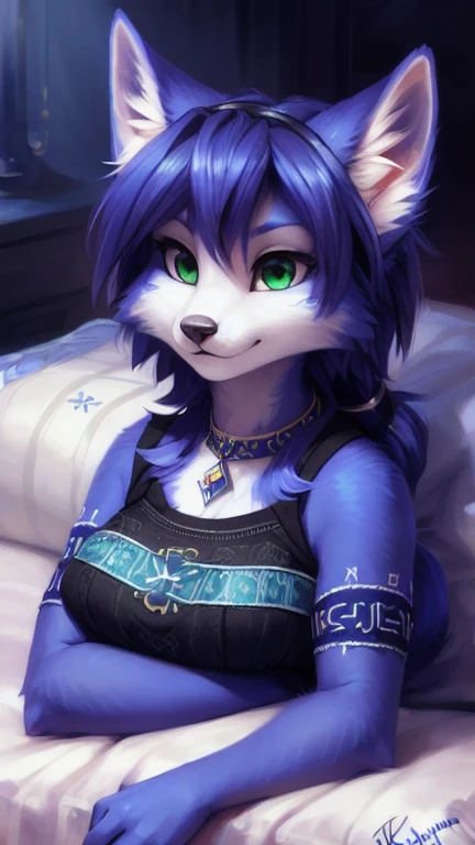 A beautiful and detailed (sweet picture) of ((Krystal)), Star Fox Krystal,  green eyes, medium breasts, (((Long blue hair 1.3))),  anthro, furry, (of Fluff-Kevlar, Bayard Wu, Personalami, Pino Daeni),  detailed fluffy fur, detailed face, (fluffy), 1 girl, alone, lies on a blanket, looks at the viewer, Viewer is above her, sleeps curled up, cuddles with her tail