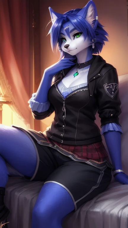 A beautiful and detailed (sweet portrait) von ((Krystal)), Sternenfuchs Krystal, Schlank, liebenswert, green eyes, medium breasts, (((Lange blaue Haare 1.3))),  ((schwarze haarspitzen)), Dekollete, Grinsen, hoch schauen,, anthro, Pelzig, Hochgeladen E621, detailed flauschige fur, (von Fluff-Kevlar, Bayard Wu, personalami, Pino Daeni), detailliertes Gesicht, (flauschige), 1 girl, Allein, auf einem bett liegend, alltagskleidung, heller pullover 1.3, schwarze hose, fernsehen