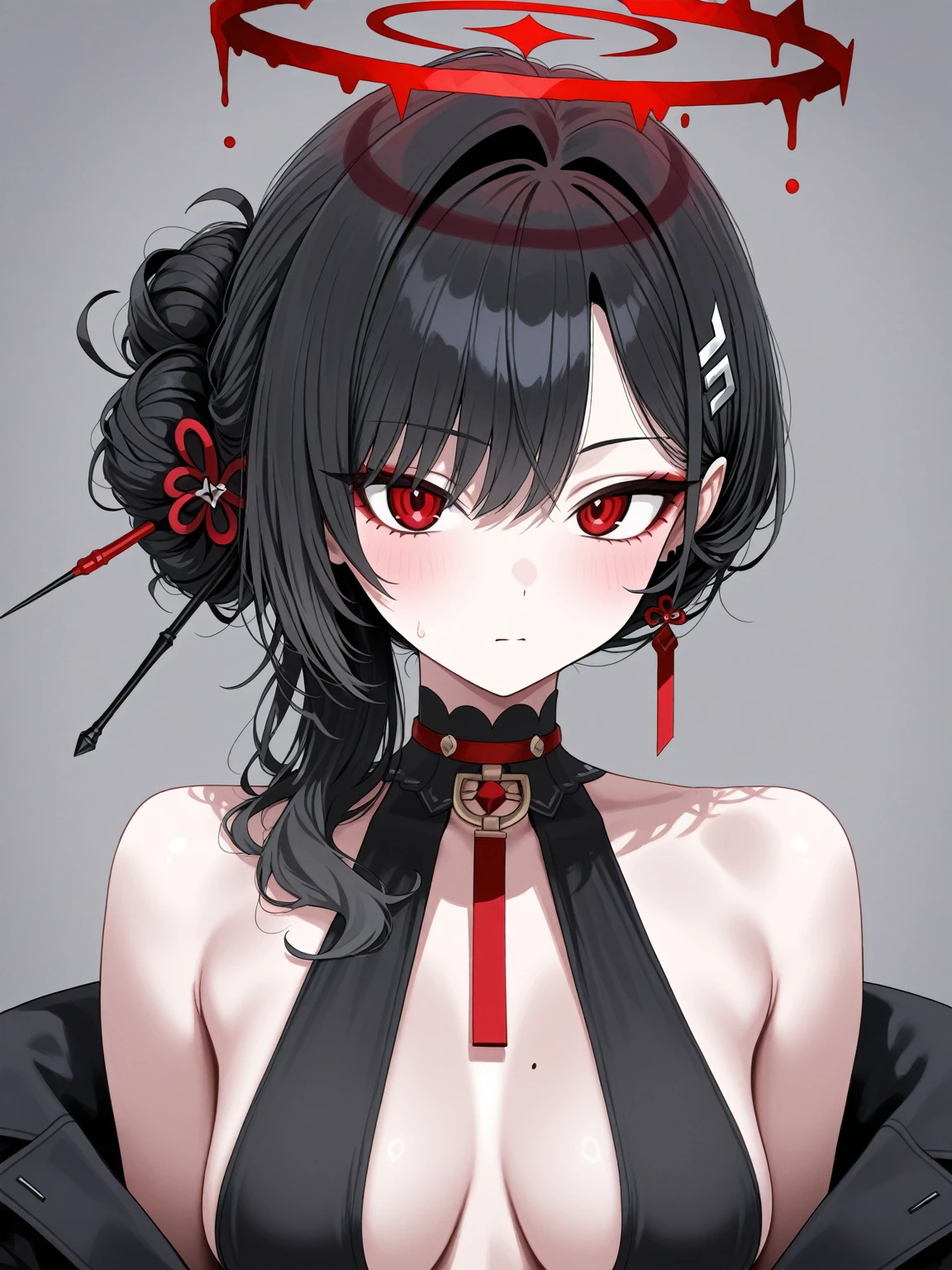 (masterpiece:1,2), best quality, masterpiece, highres, original, extremely detailed wallpaper, perfect lighting,geisha, kimono,Bare shoulder,tattoo,(((Black and white))),Extreme detail,solo,lustful eyes,look up,Glowing eyes,byobu,moon,Black hair,petal,sexy,open legs,nude,