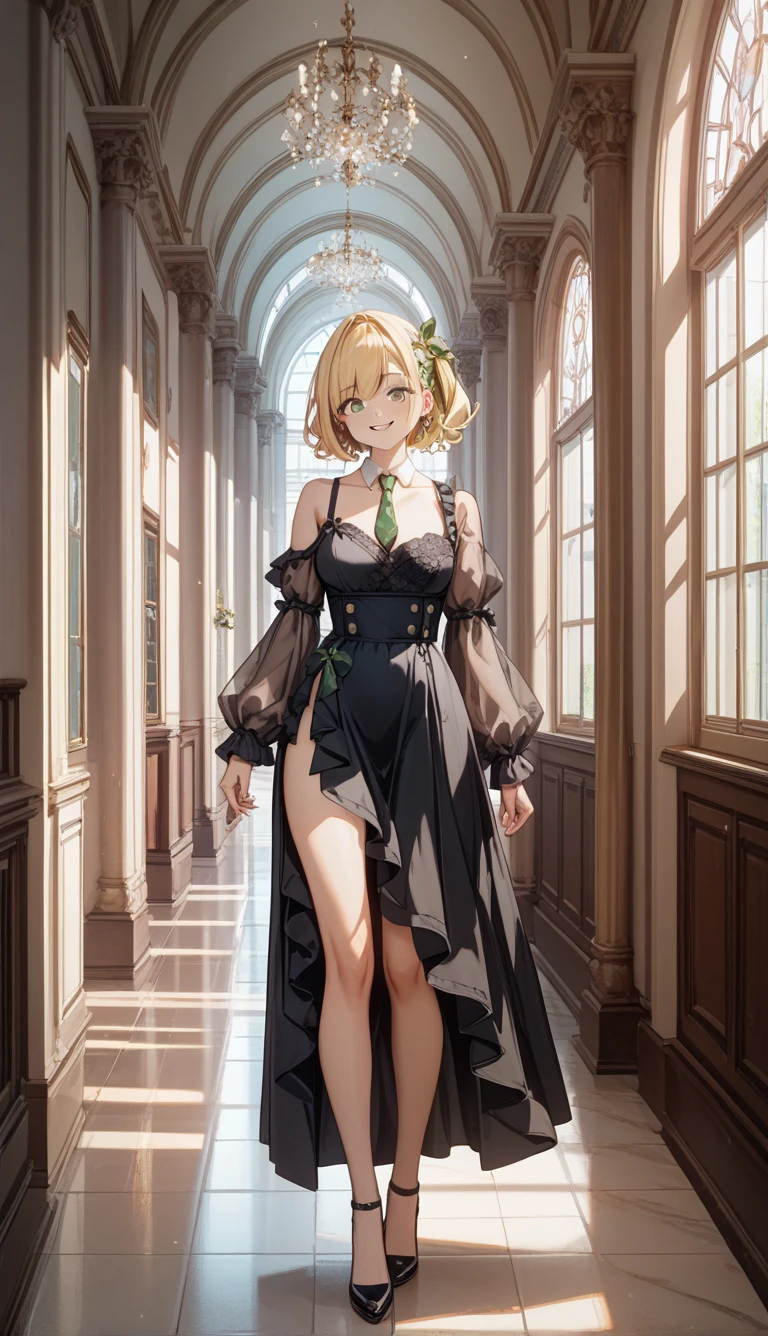 chubby girl, blonde, green eyes, medium length hair, black square-rimmed glasses, open forehead, no bangs
long dress, green dress, Beautiful dress, elegant