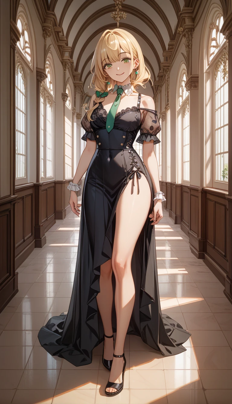 Impressive female portrait depicting a woman with long hair, Light blonde hair with lots of vibrant red highlights, cute, Very luxurious, Creates a unique two-tone effect, Long hair ponytail. Her big, Sharp, red, bloodshot eyes staring intensely, Lovely, Adds an unsettling yet seductive presence. Dressed formally, Her body is adorned with numerous intricate tattoos., The face has a prominent moon design on it.. Full Body Shot, Cowboy Shot. Symmetrical female features and malevolence, A big smile conveys badness, Ominous attitude, In the Dark, Cityscape Background, With a mysterious dress, Gold ornaments,