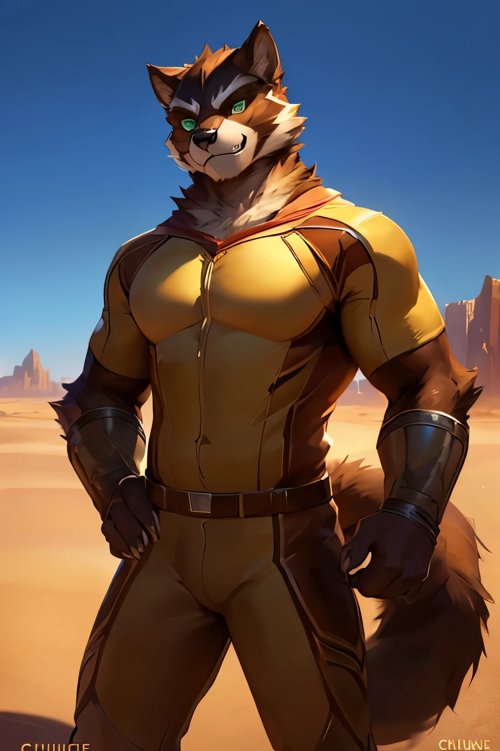4k, high resolution, best quality, masterpiece, perfect colors, perfect shadows, perfect lighting, published in e621, (by Chunie, by Einshelm), furry, den, furry art, ((portrait)), male cat, black cat , character Mordecai Heller (two-tone fur), furry body, green eyes, in a white desert, (serious face: 1.2, ((looking at viewer)), detailed fur, detailed face, perfect face, wearing a Wolverine suit , detailed costume, wolverine superhero uniform, superhero pose, comic character, wolverine yellow classic suit, detailed desert background, illuminated environment, ((Bonifasko lighting)), cat tail, (detailed eyes), perfect pupils, heroic pose