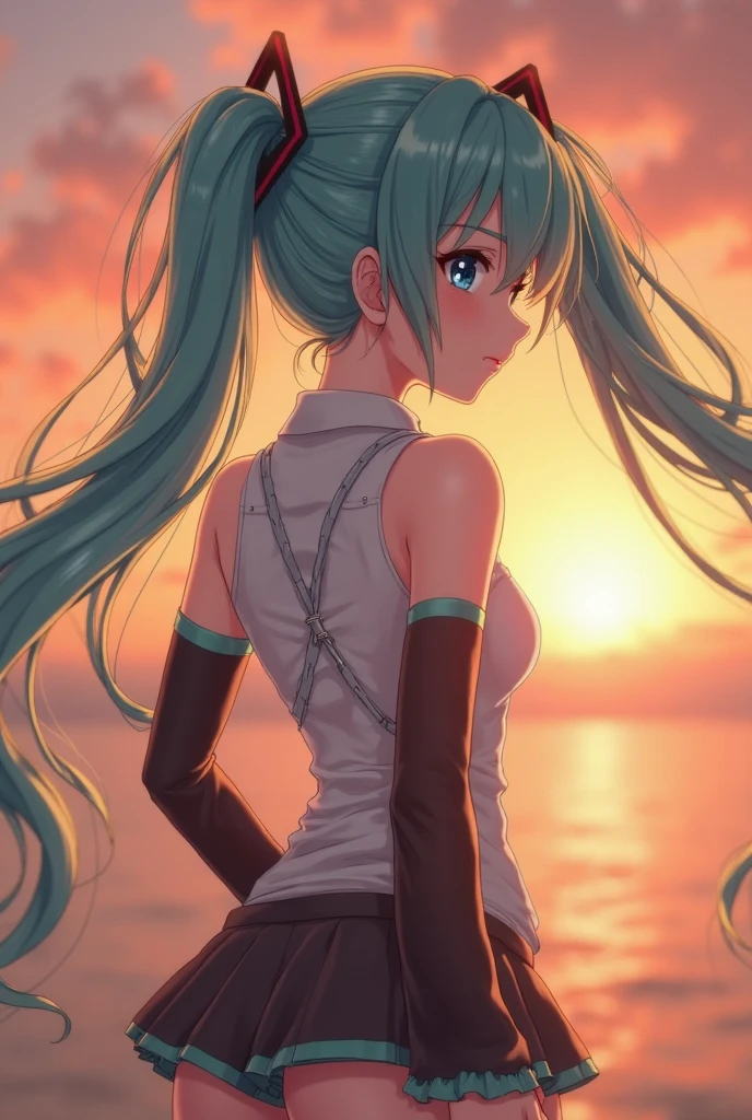 jovem mulher, cabelo verde, num por do sol, corpo tatuado, olhos verdes, vestido chines preto boa anatomia, 4k, diversas tatuagens
