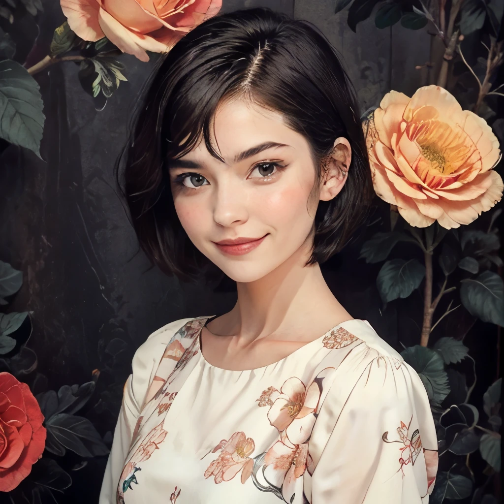 393 ((young woman)),(short hair),(Neat hair),(floral dress),(archaic smile)
