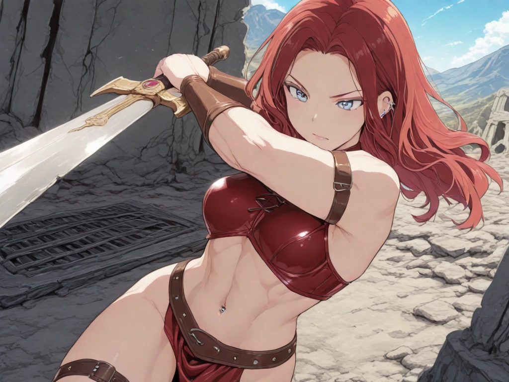 Red Sonya, (wavy red hair), muscular, (green bikini), turned-down leather boots, gauntlets, sword, scabbard, smiling, fun, relaxing on a deserted rocky beach, dramatic lighting, (depth of field), ((masterpiece)), ((best quality)), ((highly detailed))