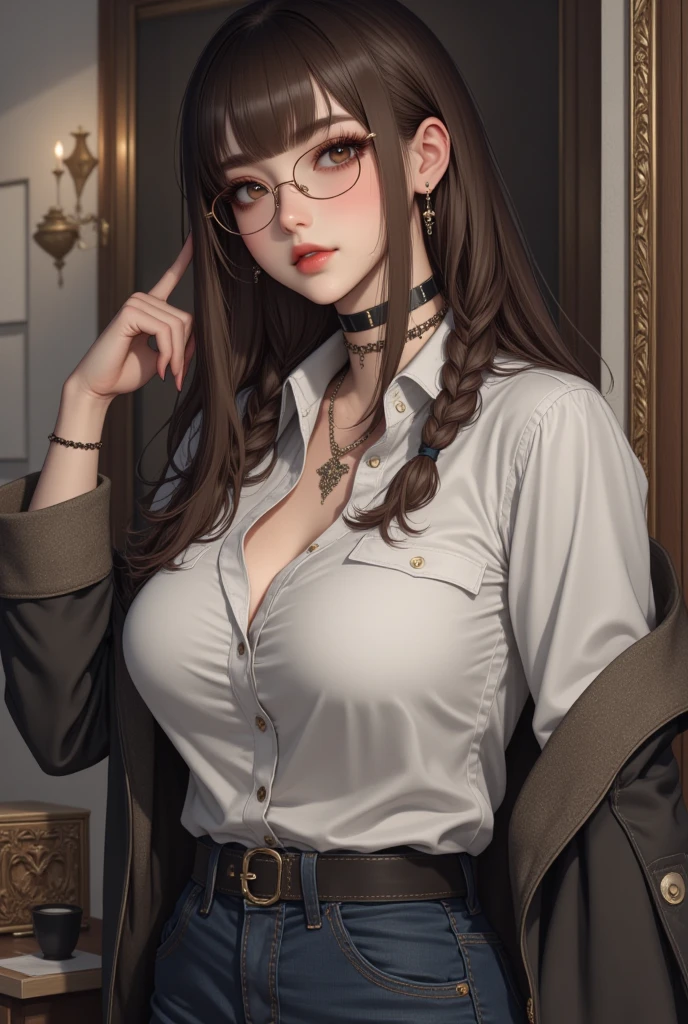 young girl, Long black hair, violet eyes, eyeglasses, naked, Huge-breasts, fuel oil, Masterpiece, hiquality