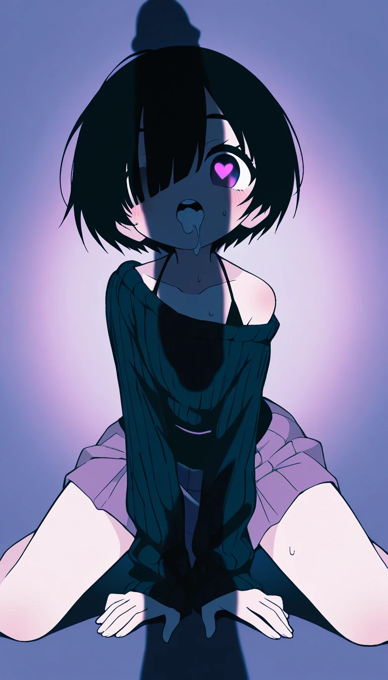 masterpiece, best quality, 1girl, solo, looking at the viewer, black hair highlighted with pink color, pink eyeballs, sharp nose, smiling, collarbone, hair over one eye, oversize long sleeve sweater, bold lines, short pants, black stocking with white stripes, sitting on a couch, wearing headphone, cowboy shot, street art on the wall, gorillaz style
