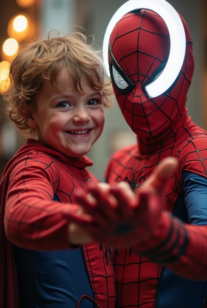 two cute kids as Batman and Spiderman, Batman is 7 years old and Spiderman is 3 years old, short hair, facing camera, look at the camera, extremely detailed portrait, beautiful detailed eyes, beautiful detailed lips, extremely detailed facial features, detailed superhero costume, superhero poses, dynamic action, vibrant colors, cinematic lighting, epic fantasy, digital art, 8k, high resolution, hyper detailed, photorealisti4