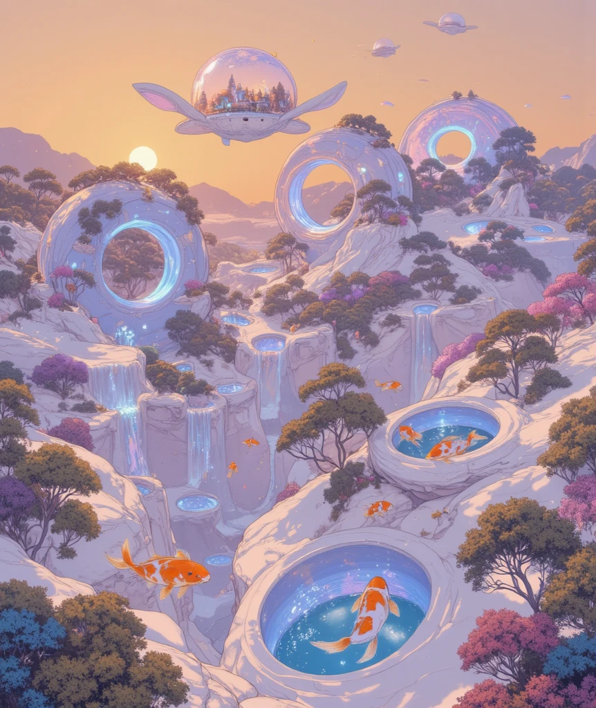 "A surreal, dreamlike artificial paradise. The landscape is filled with floating, perfectly circular pools of water resembling giant donut shapes, each with a central hole. These water rings hover above a soft, ethereal terrain and are connected by faint bridges made of light and mist. Inside each circular pool, radiant koi fish swim in elegant spirals — their orange, gold, and white bodies shimmering in the glowing liquid.
Above this utopia, enormous flying turtles drift gracefully. Their shells are made of translucent, jelly-like material — glowing softly and tinted in pastel blues, purples, and greens. Inside their gelatinous shells, self-contained ecosystems are clearly visible: lush miniature forests, glowing fungi, waterfalls, and floating islands — like entire biomes suspended in flight.
The sky is a pastel gradient of peach, lilac, and gold, like an endless sunset. Small glowing particles float through the air, adding a dreamlike magic to the scene. The aesthetic blends the natural and the synthetic in harmony, evoking a serene, futuristic utopia — peaceful, colorful, and filled with life."