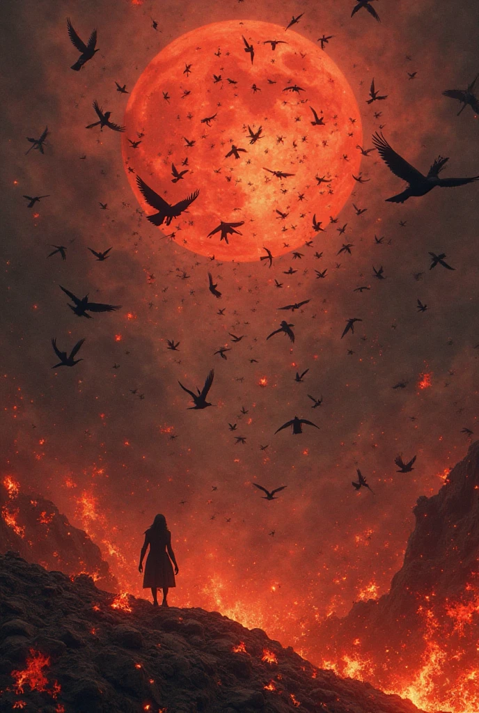 Arakis in a lava field and birds flying in the sky, in volcano, in volcano, Real hell view in the background, apocalypse landscape!!!!!, In the volcano, Doomsday setting, Hellscape, hell in the background, ! apocalypse landscape!!, apocalypse landscape, apocalyptic landscape, Apocalyptic atmosphere, Doomsday scenario, apocalyptic art, burning scene in the background