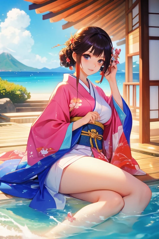(Super beautiful woman in kimono)、((highest quality、8K masterpiece:1.3))、sharp focus:1.2、(super beautiful face:1.0)、(shiny skin:1.0)、realistic pictures、black hair、video writing、High resolution eyes and face、video writing、japanese actress、from the front、Medium chest、with a happy smile、The beauty of slender abs、whole body、wearing a kimono、cherry blossom in full bloom、luxury obi