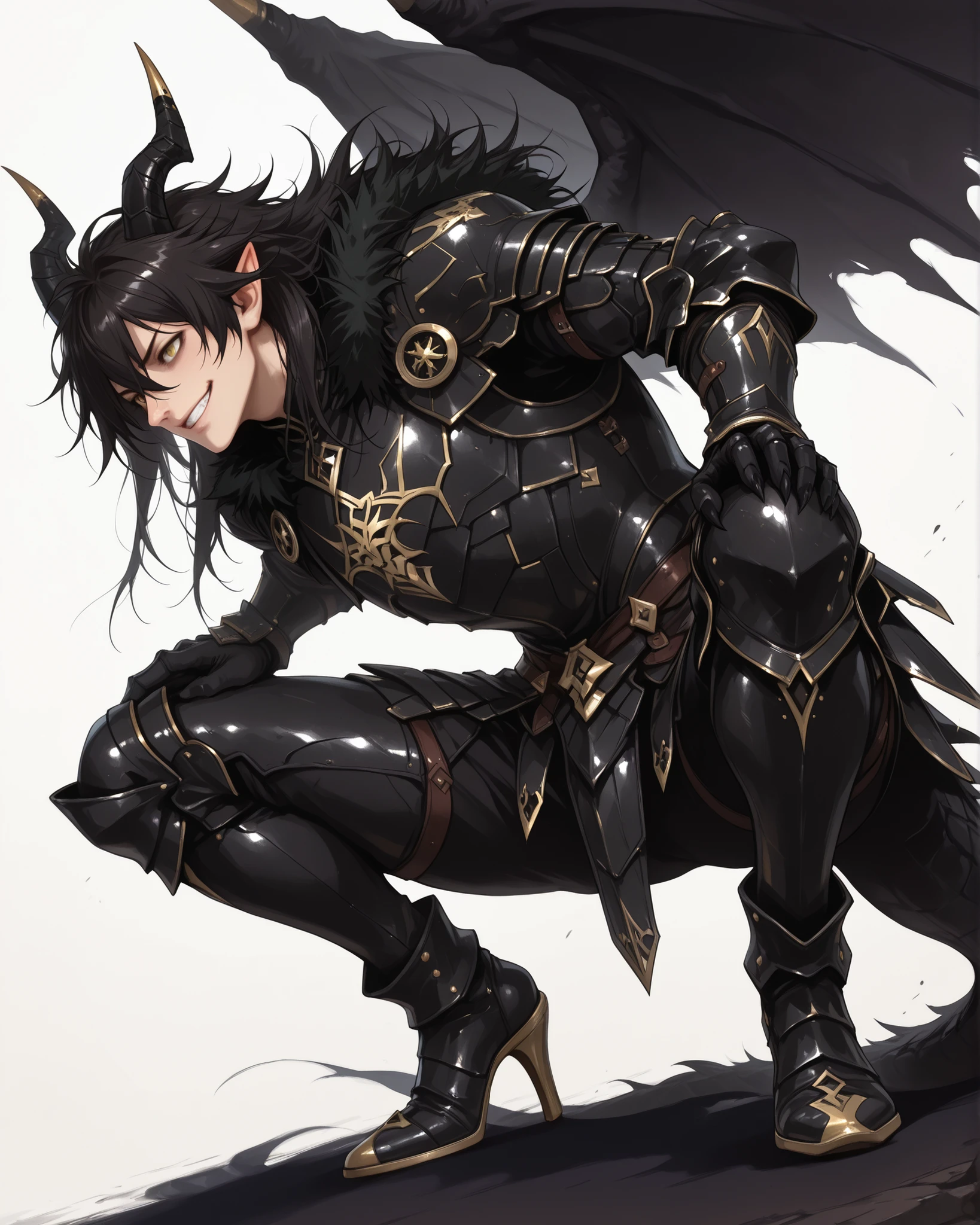 score_9, score_8_up, score_7_up, absurdres, 128K Ultra High Resolution, (masterpiece, best quality: 1. 5), ((high definition)), highres, 8K wallpaper, (excellent graphics: 1. 5), CG, (((Japanese Anime style))), (1 male), solo, lean body, (masculine), floating in the air, weredragon, glossy black, shiny black leather, ((beautiful golden eyes, finely detailed eyes, bright eyes, vertical iris)), hair between eyes, black hair, long hair, sideburns, wild hair, (sly grin, sinister grin, smirk), teeth, confident, (((ultra detailed face))), shiny skin, long pointy ears, twisted torso, long-legged, sculpted face, wasp waist, dragon horn, dragon tail, dragon wings, dragon sharp claws, (black armor with a lot of grandiose decorations: 1. 5), half dragon half human, (crouching, charge at the enemy, combat pose: 1. 5), (dramatic angle, dynamic pose: 1. 5), (ultra detailed black armor, well-polished black armor: 1, 5), black armor with gold accent, all black outfit, full body, emphasize face, sharp focus, good-looking man, (best illustration, highly detailed artwork: 1. 5), cinematic, dramatic lighting, (intricate detail, extreme detailed, super detailed: 1. 5), tenebrism, wonderful pose, chiseled features, (((stark contrast, heavy shadows))), detailed black decorations, beautiful and aesthetic, photoreal, from side, (mysteriously crafted black metal armor: 1. 5), thick and luxuriant hair, (ultra detailed fantasy black armor, wonderful black armor: 1, 5), (realistic metal texture), broad shoulder, true-to-life visuals, artistically refined, (extremely delicate and beautiful armor, elaborate armor details: 1. 5), (giant black armor, dark armor, stylized armor: 1, 5), exquisite goldwork, ((armor-type high heels)), (detailed armor with intricate engravings, gold accent black armor: 1, 5), very gorgeous and dazzling, (dark fantasy black knight: 1, 5), slim waistlines, wide chested, sinewy body, (Hyper Detailed & Perfectly Designed Black Armor: 1. 5), (simple white background), windy