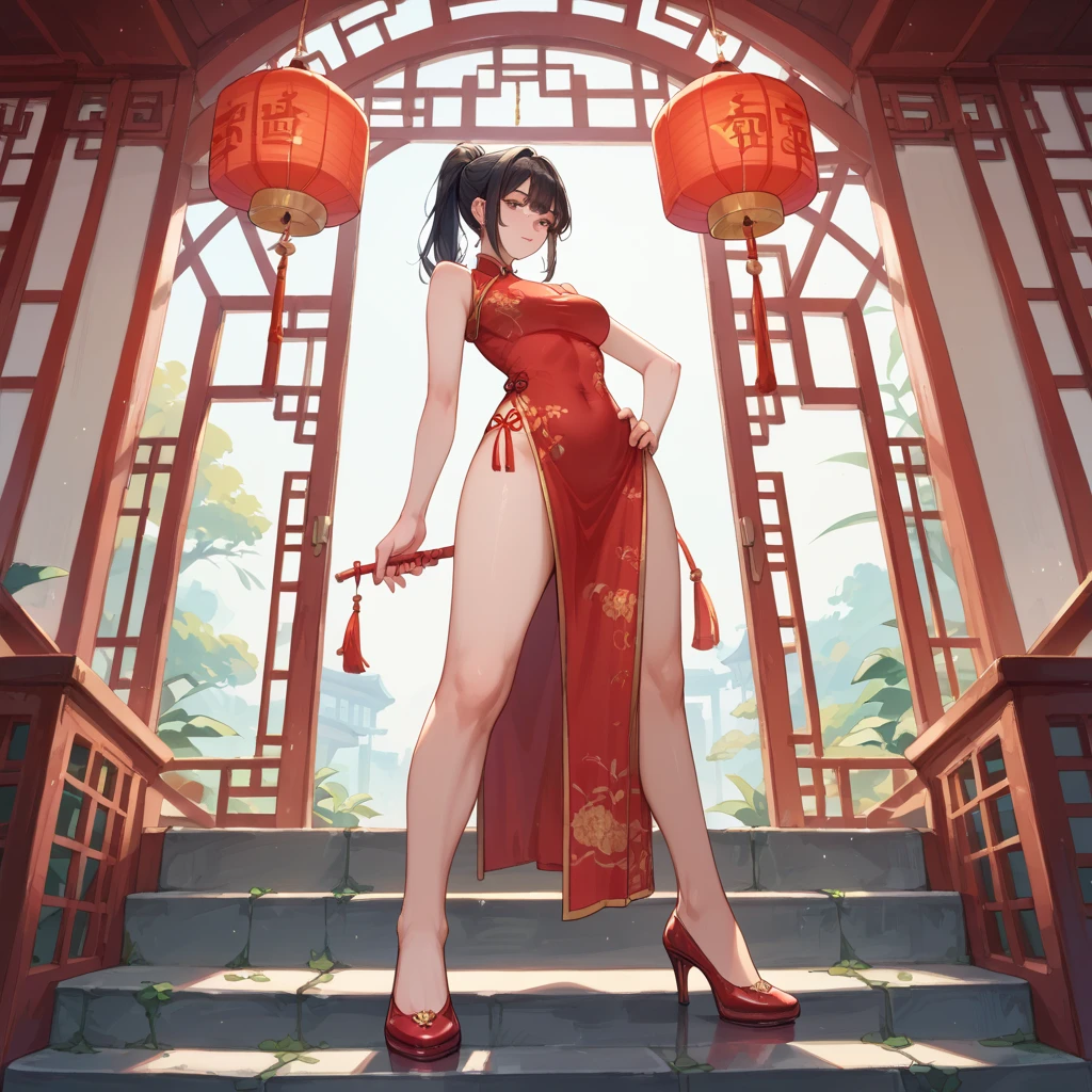 a sexy woman, (best quality), (masterpiece), (1girl), slim, anime, tall, (flat chested), (chinese dress), (front view), (sexy pose), (full body view)