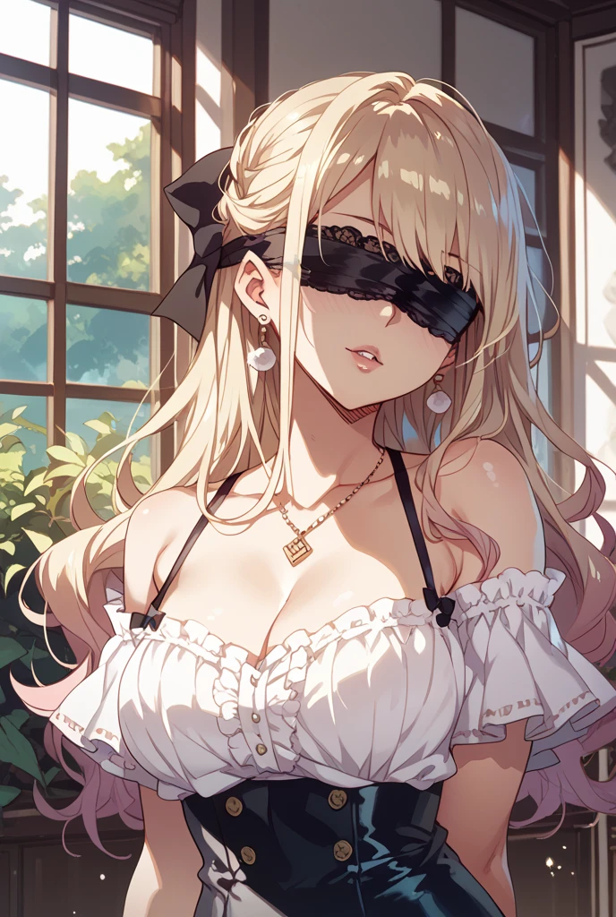 masterpiece:1.4,best-quality,Super Detail,Very Delicate and Beautiful, ((( nsfw, bdsm, Princess crucified on the wall, blindfold, mouth gag, orgasm ))), beautiful princess, blonde long hair, very gigantic breasts, very slender, perfect face, black dress, at night