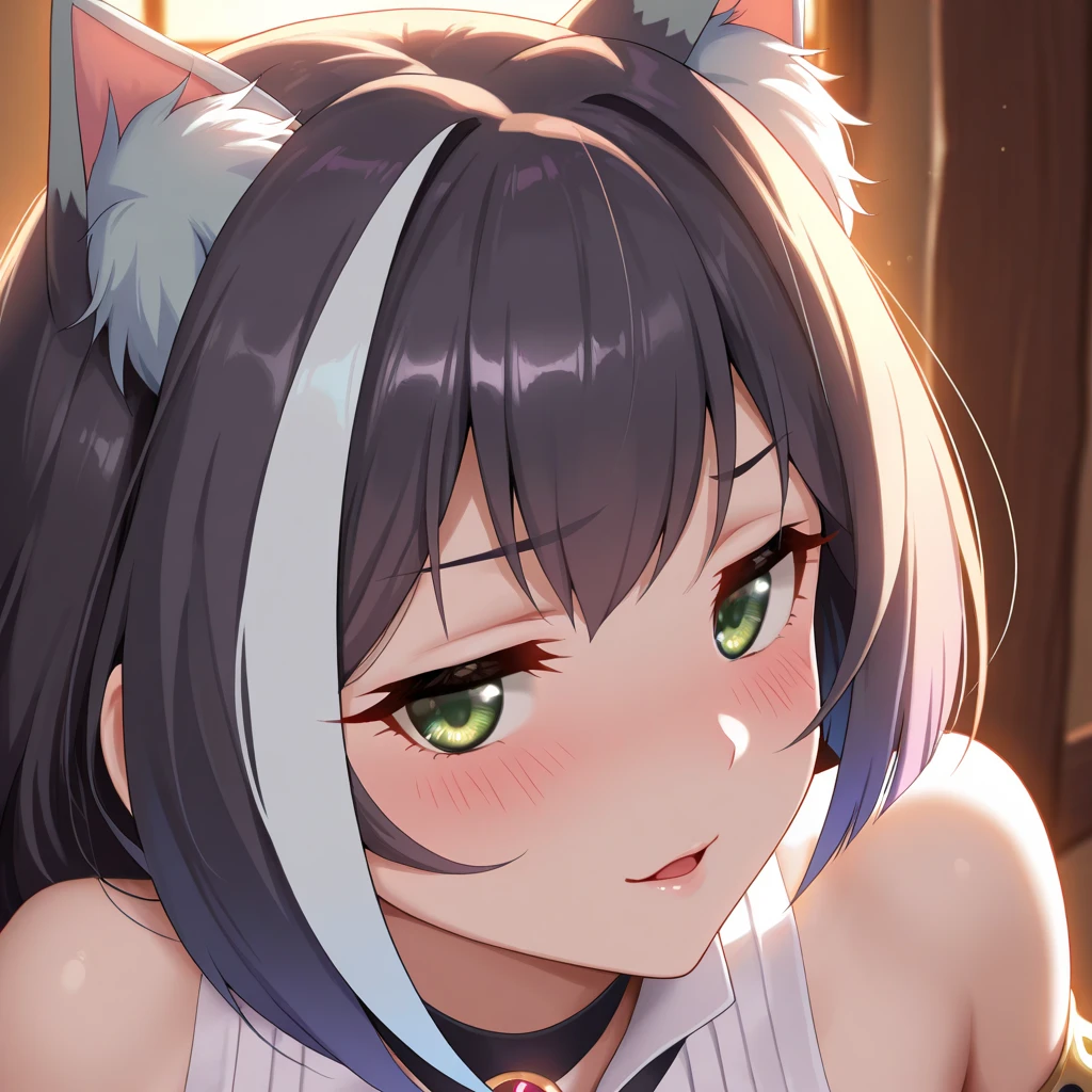 One Woman、Black Hair、ponytail、Yellow Eyes、Slanted Eyes、Cat ears、Black and red casual outfit、Sitting、Have an ice candy、Sticking out tongue、Sweat、tiresome、Bright lighting、indoor、Overlooking、anime、Very detailed