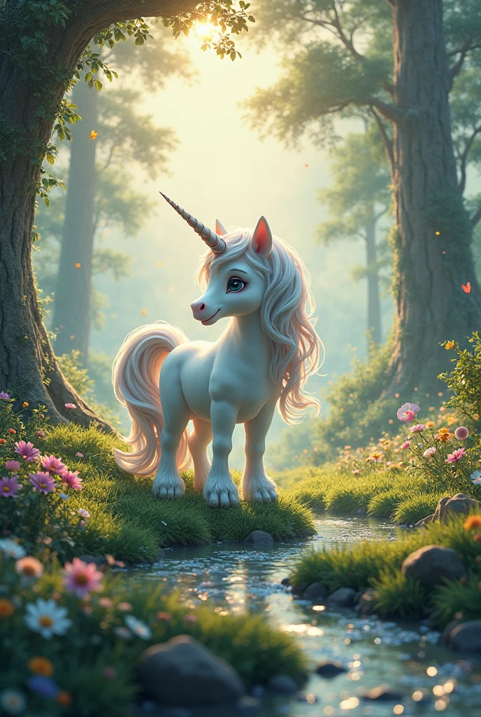 Create an image for story books One morning, Sparkle woke up feeling extra excited. "Today is going to be a special day, I can feel it!" she said, looking at her reflection in the sparkling river. She flicked her rainbow tail and decided to visit her best friend, Twinkle the fairy in this feeling can make Unicron 

