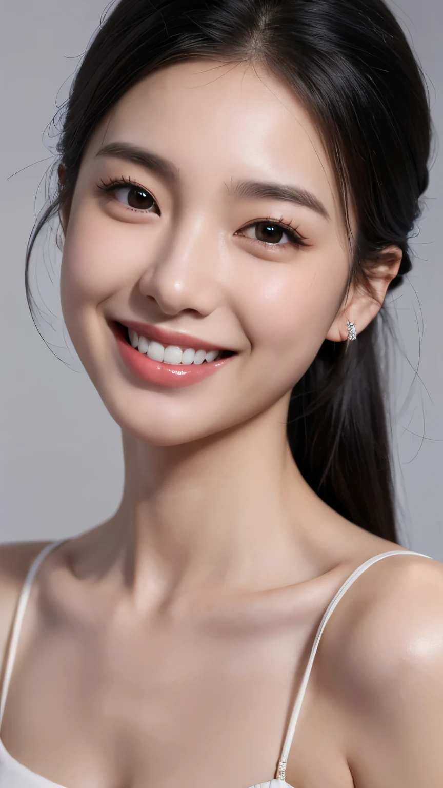 (Super beautiful woman)、((highest quality、8K masterpiece:1.3))、sharp focus:1.2、(super beautiful face:1.0)、(shiny skin:1.0)、realistic pictures、black hair、video lighting、High resolution eyes and face、video lighting、japanese actress、from the front、with a happy smile、whole body、Brush your hair up with your fingers.