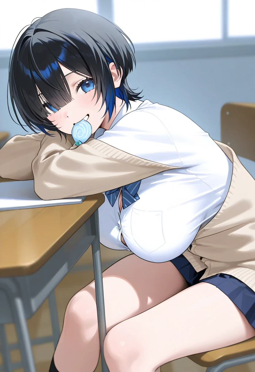 Ayumi Yoshida, elementary student, kawaii, cute, small and short, long white hair, Hyperactive expression, sitting on a table in a classroom, (Spread your legs:1.5) , legs spread apart, visible vagina, exhausted. Open shirt, open clothes, visible chest and breast, medium breast, visible navel. Evening sun. ((Cum in vagina:1.9)) ((vagina wide open:1.5)) pregnant. Angry face, ((eyes partially close)).