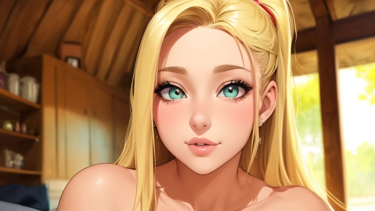 nat, 1girl, (flat chest), (((very small breasts))), ass:1.3, green eyes, blonde hair, long hair, lips, bang, blush, naked, she is showing her vagina, depth of field, bokeh, (special attention to skin detail: 1.2), masterpiece, best quality, ultra-detailed, ultra-HD, photorealistic, cinematic, ((close-up camera shot)), sensual pose, alluring, blowjob:1.4, looking up at camera