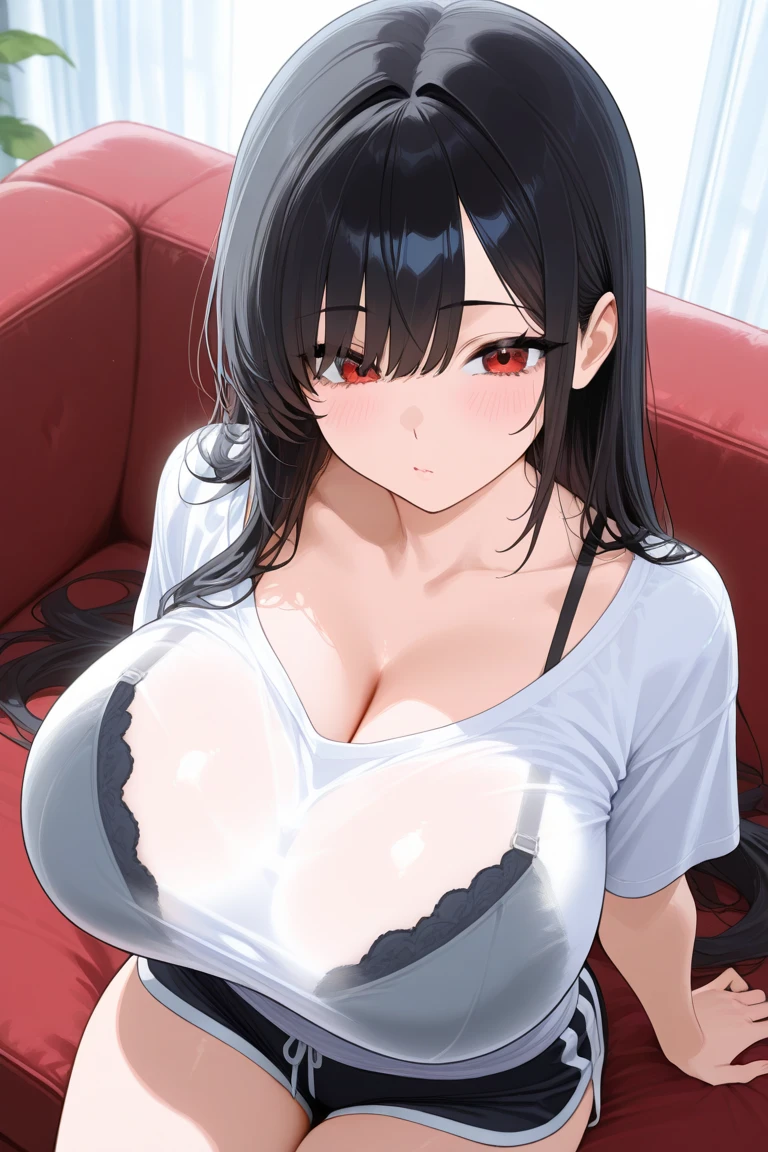 masterpiece, best quality, 1girl, solo, long hair, (black hair), shiny, shiny hair, shiny skin, seductive smile, looking at viewer, lingerie, close up, black bra, black panties, seiza, on bed, red eyes, gigantic breasts, wide hips, thick thighs <lora:ohisashiburi -Style_649956:1>