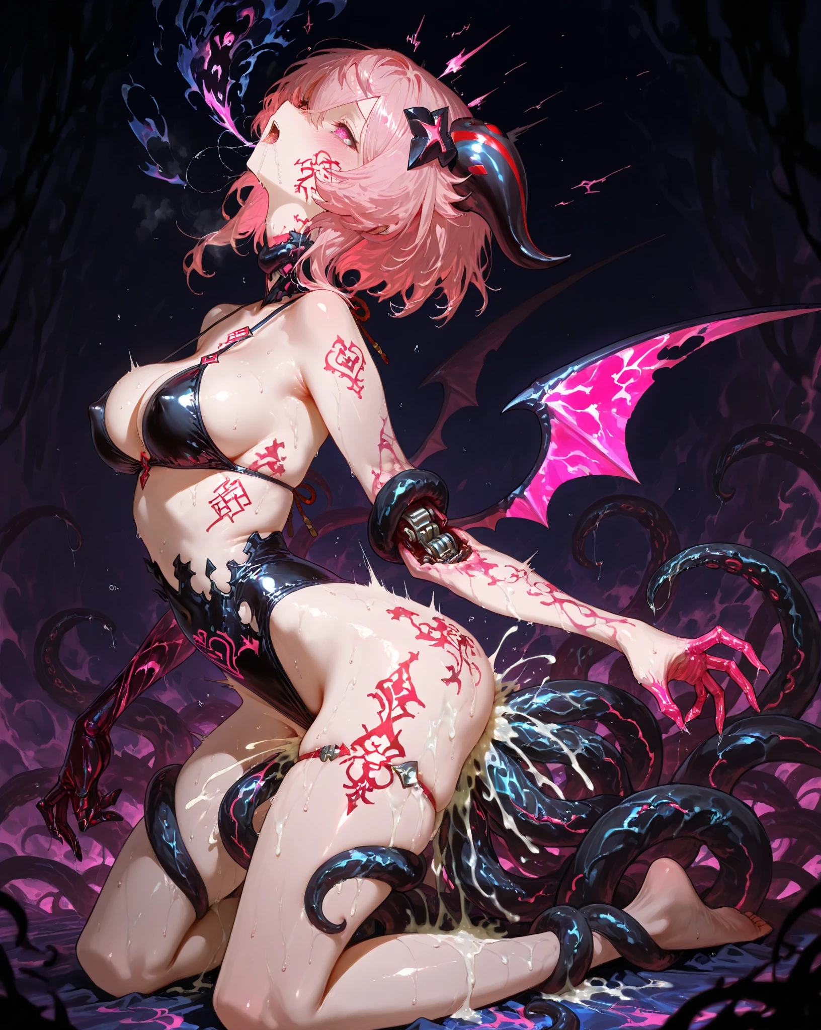 (NSFW:1.3)、(Lots of heart marks:1.9)、(Very small girl having sex:1.3)、(eyes half closed:1.9)、(smile:1.3)、(Big tears:1.8)、(Drooling from the mouth)、(The body shakes violently:1.5)、vagina、8K resolution、 masterpiece、((highest quality))、Anatomically correct、(The whole body is wet with semen:1.3)、(Long chain collar)、(Sticking out tongue)、(Flower Hair Ornaments)、(Large amounts of fluid)、(Completely naked:1.6)、(Blue hat)、((Hasselblad Photos))、[:(Detailed face:1.2):0.2]、(頭の後ろで腕をTie up:1.6)、(Underboob:1.3)、(Looking up:1.8)、(Leaning forward:1.6)、(Inverted nipples:1.3)、(Fucking a girl from the front:1.3)、(Lots of tentacles:1.9)、(Tentacles fuck a girl:1.3)、(Leg spread:1.6)、(Tentacles entangle a woman:1.9)、(Big Breasts)、(Tie up:1.9)