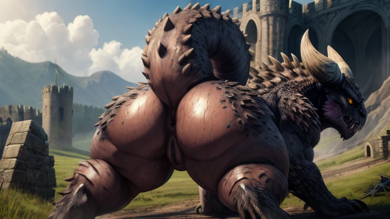 feral male horse ,fur, all fours,(( backsack, prolapsed anus, spread legs)) ((((huge equine penis, veiny flared penis, fat flared penis, thick flared penis, huge balls, saggy balls, excessive pre cum, anal scat))))tail simple background, jungle temple background,8k,4k,highres