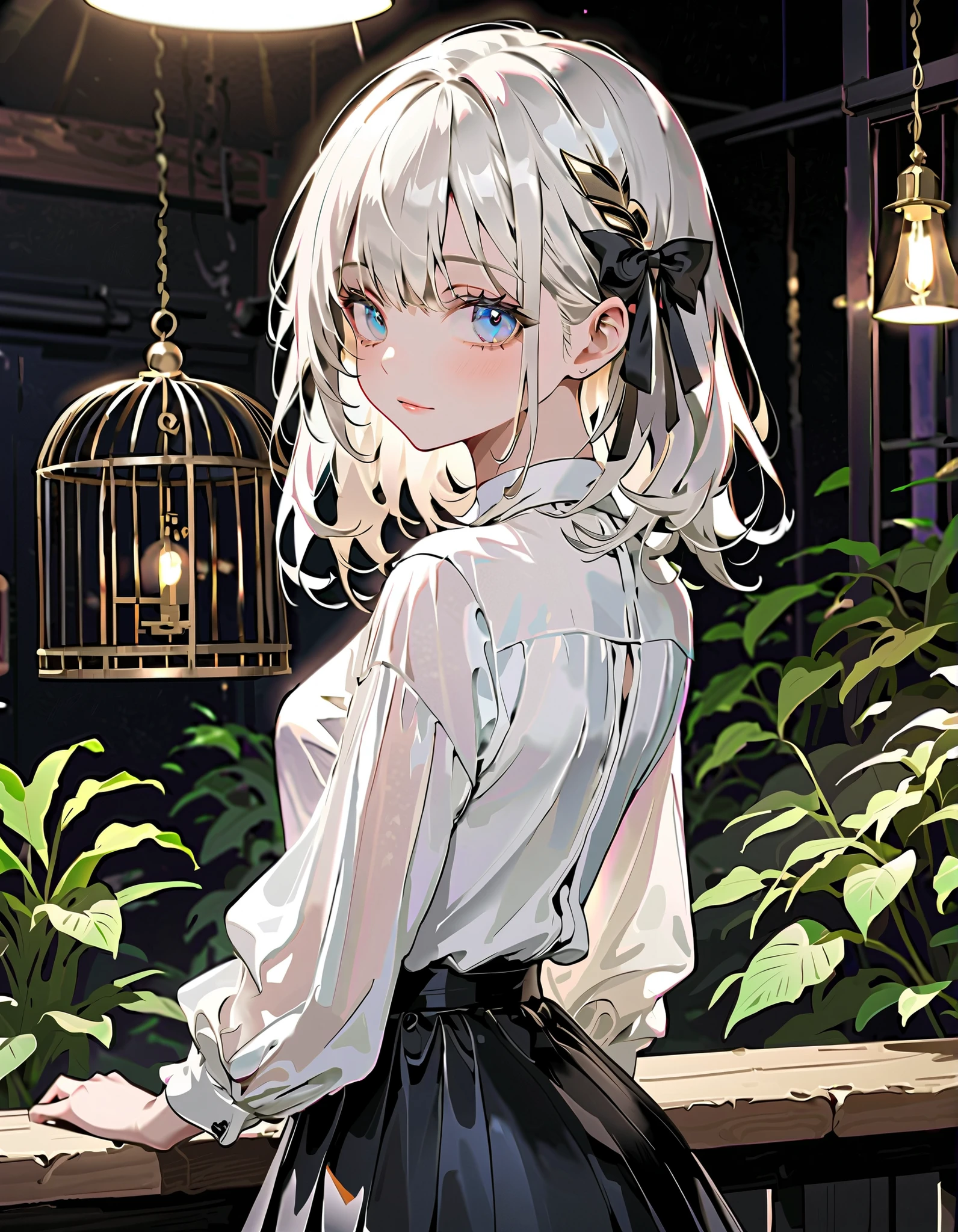 (Top Quality),(masterpiece),Delicately Drawn Face,Of a cute face,beautifully detailed blue eyes,White and Black Landmine Fashion,(( Beautiful Detailed White Blouse)),((Beautiful Detailed Black Flare Mini Skirt))(beautiful silky white hair:1.2),Black Ribbon Hair Ornament,My skin is white,Movie Lighting,(The background is a silhouette of a birdcage),cowboy shot at classroom gym，A vast garden，Lush greenery，Overlooking the garden from a hill