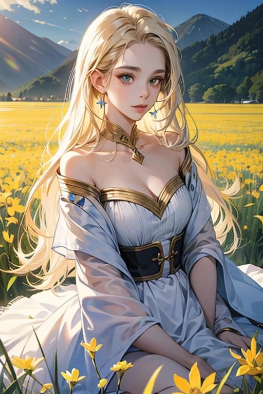 (masterpiece:1.2), (Best quality at best:1.2), perfect eyes, perfect face, 1 Girl, Alone, 8K, Best Quality, large breast，(Detailed description of hair), (Detailed description of face),(Detailed description of body), fair and clear skin, matchless beauty, long legged, (30 years old)，facing the audience, professional photographic lighting, Shu(arknights), horns, pointy ears, white hair with slices of yellow and blue, light blue eyes, dragon horns, (yellow and blue colored painting all over upper arm and hand: 1.2), yellow arm and hand skin, dragon tail, farming field, sleeveless, cheongsam