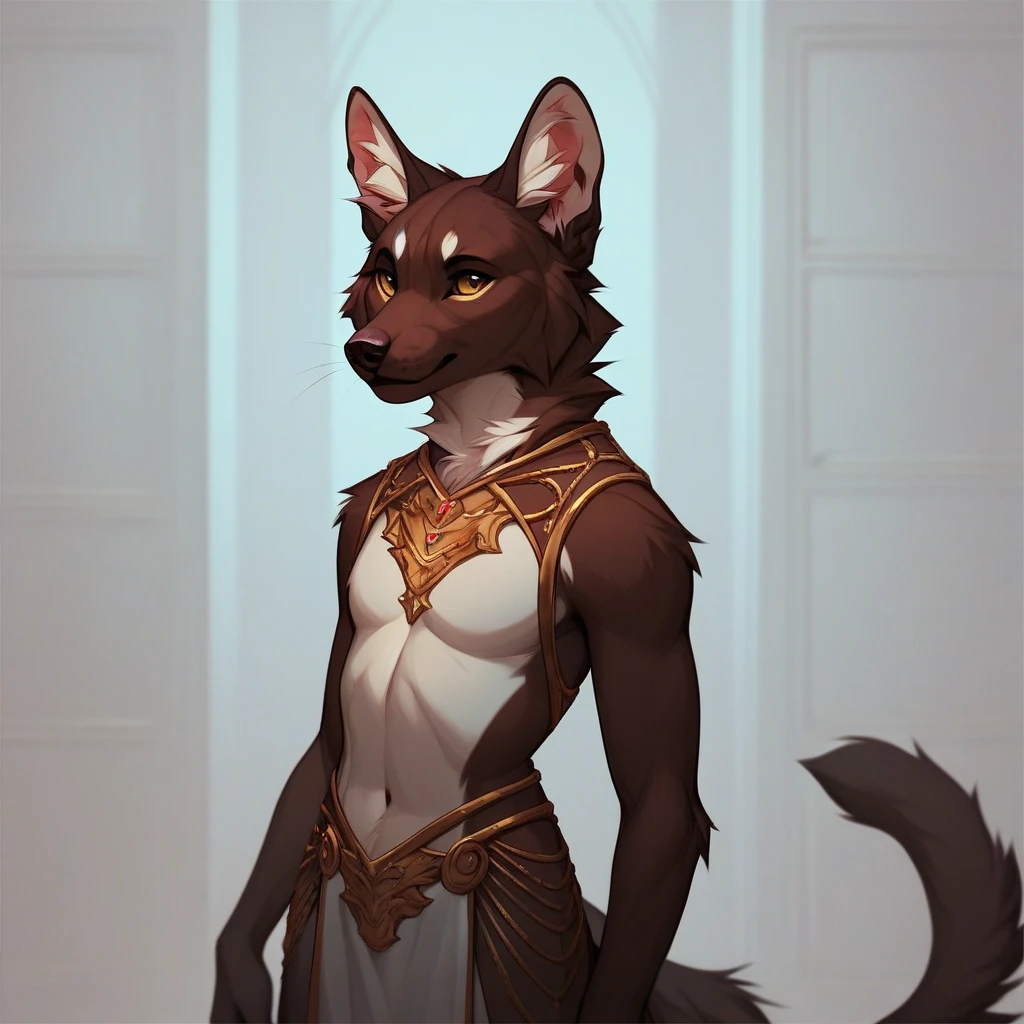 Tall_muscular_warhound female black_furry_body gray_eyes wearing tribal clothes, solo Masterpiece best_quality absurdres highly_detailed cleanly_drawn_eyes, hypnotized with glowing purple eyes, tongue out, anthro_only by_claweddrip, by_greasymojo, by_underscore-b, by_runawaystride