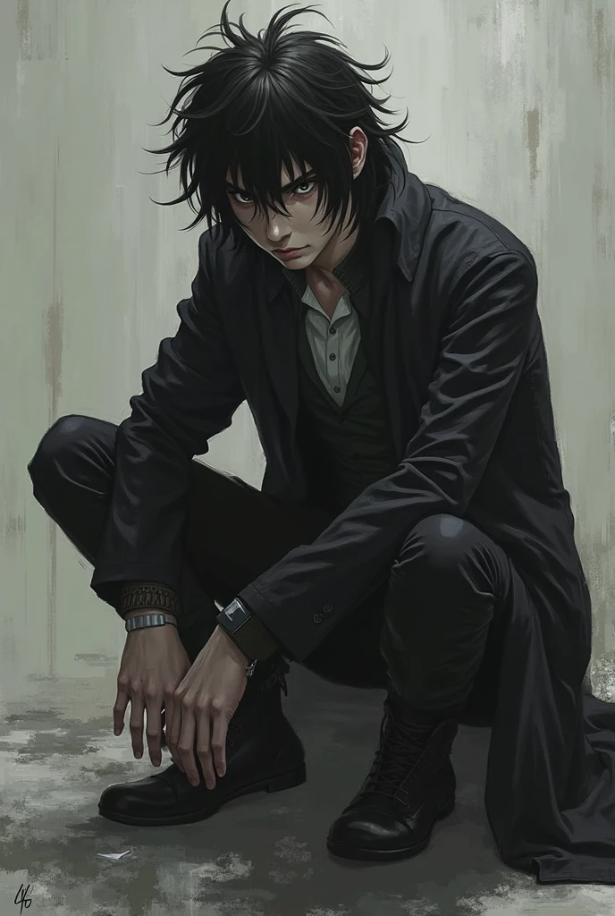 Constantine, man sitting on the floor,cigarette, dressed in a suit, black tie, broken glass on the floor, leaning against a wall, dark and gloomy scene
