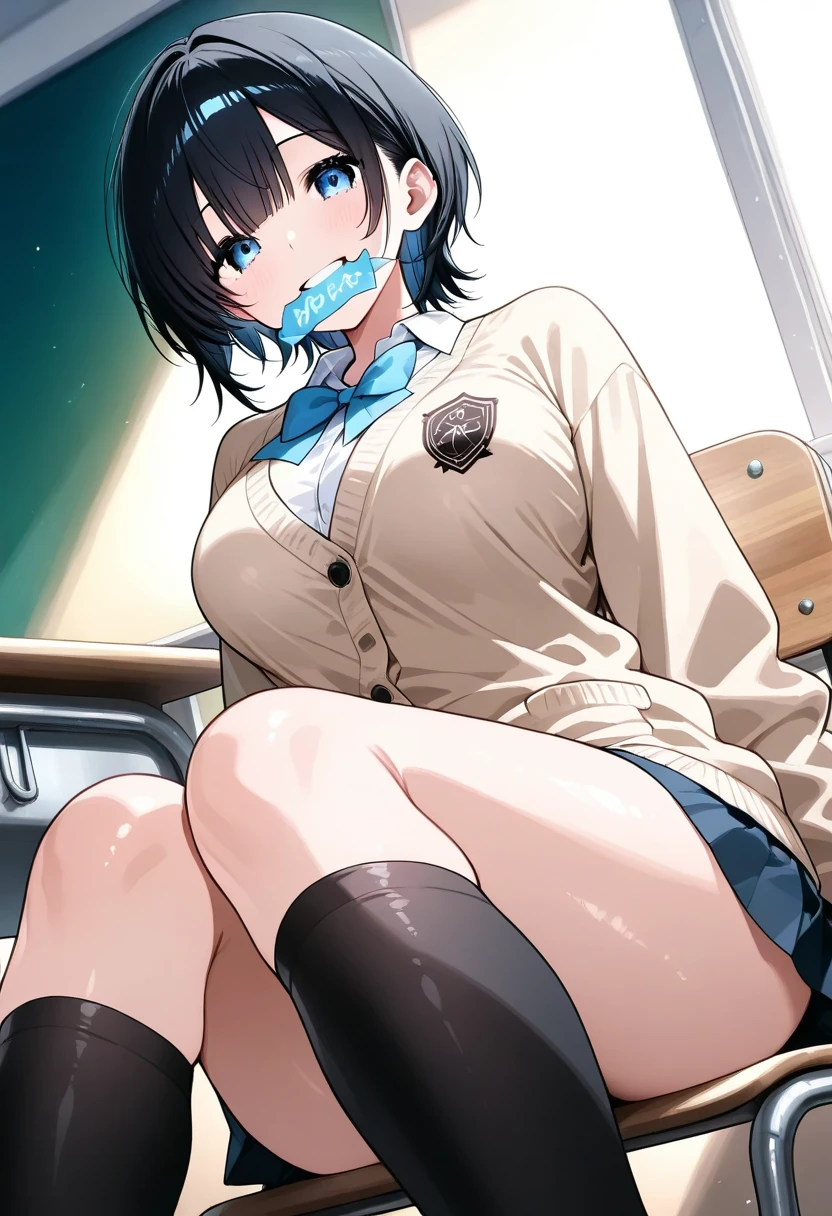 woman,１2 years old,brown hair,White and blue silk basketball uniform,short hair,blue eyes,Mansuji, laughter,,I can see my underwear,Full body Esbian, (close shot, highest quality, High resolution, 4k, detailed lighting, shader, NSFW),  smile,  ( blush:1.2)sit on top,spread your legs wide open,((( on the thighs)))