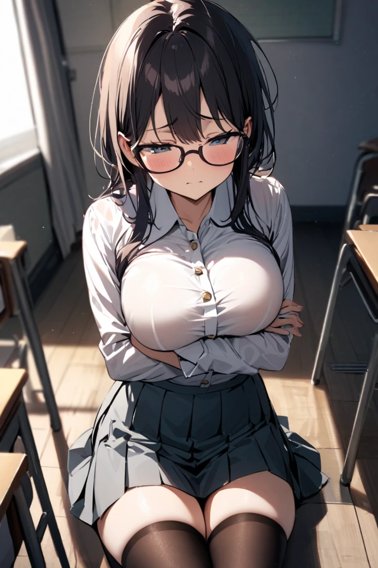 (mature woman), blush, very horny, Fair Skin, shirt with open button, (neckline that shows the bra), Long pencil skirt, wearing glasses, braided black hair, purples eyes, beautiful face, 가슴, sensuous, highest quallity,standing pose, (fund: in front of the office desk)