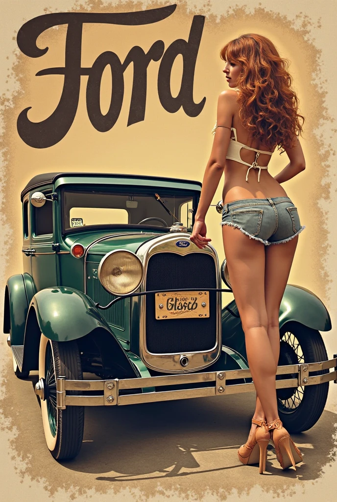 1950s style magazine cover, basic colour palette, showing Lindsey Stirling from behind, wearing scruffy mechanics overalls, oil smears, sweaty skin, lipstick, hair in ponytail, laughing, bending forward over a 1950s style car on a desert road, hand in cameltoe, hand between thighs, bare breasts with erect nipples, holding spanner, naked