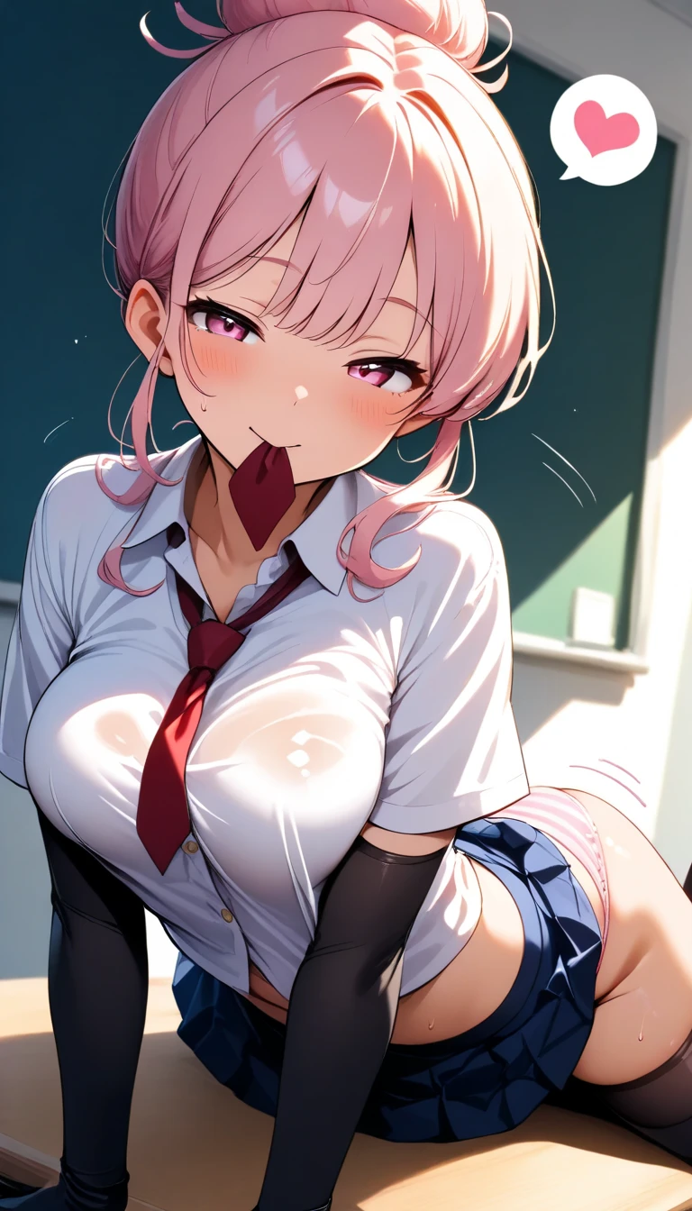 (throw_hand, pink vibrator remote switch in throw_hand, throw:1.2), highest quality, Super detailed, masterpiece, Ultra-high resolution, 8k, Ridiculous, Cowboy Shooting, Blurred, One girl, Focus on the girl, Embarrassing, blush, Lovely, Close one eye, With tears in her eyes and her mouth open, What saliva leaves behind, Wet skirt hem, (Sticky panties:1.1), (Light blue striped underwear), Bulging of the vibrator cord, Vibrator with Garters, (medium breasts), (school uniform), (cleavage), (crop top navel), Classroom Background, (black stockings), (Thighs), (Waistline),(horn)