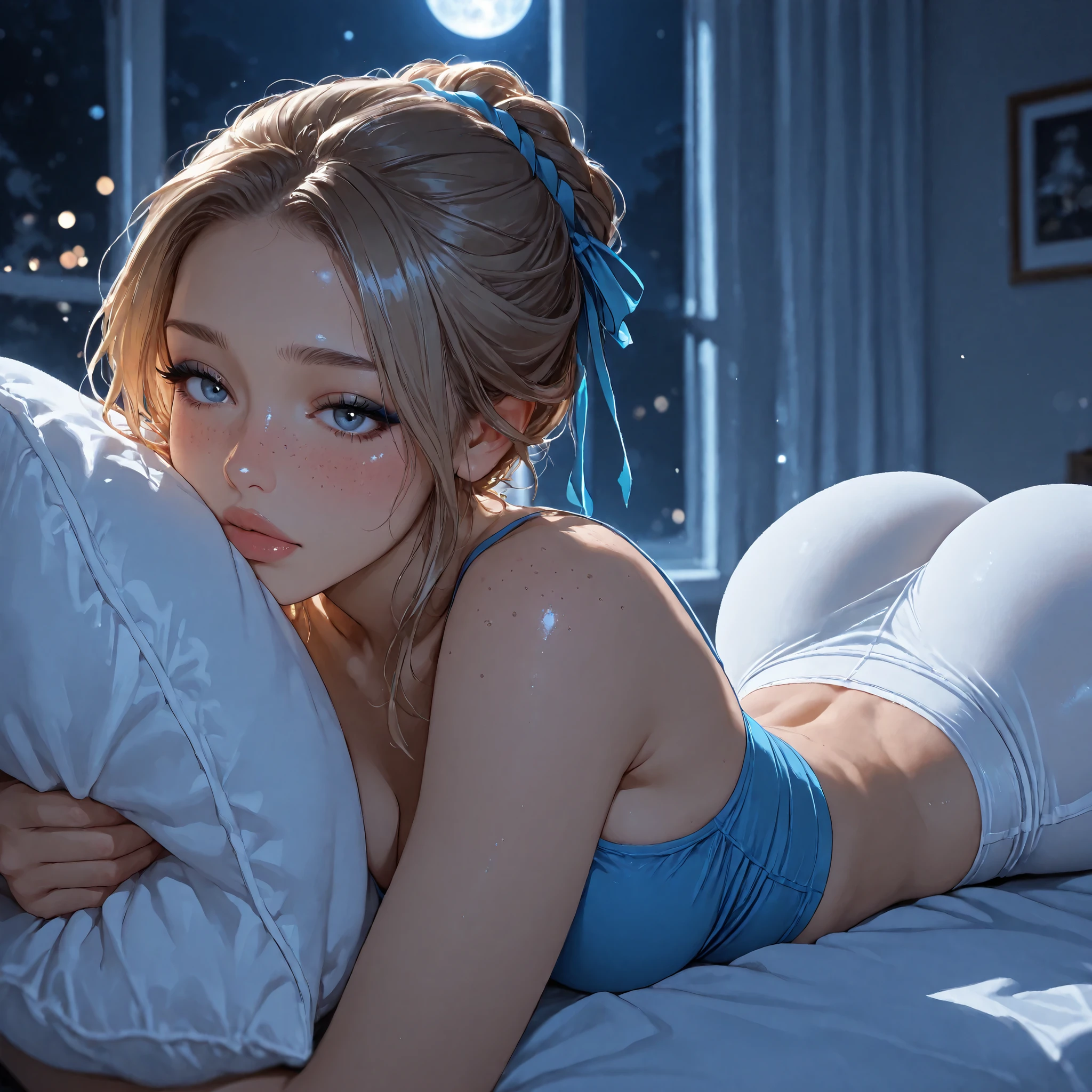 Masterpiece, high details, depth of field, mature model, ray tracing, bokeh, pretty, eyeliner, full lips, skinny, clutching pillow, laying on stomach on bed, blushing, freckles, medium breasts, light brown hair, braided updo, hair ribbon, blue spaghetti strap top, white leggings, moon in window, dappled moonlight, soft blueish white lighting, round ass