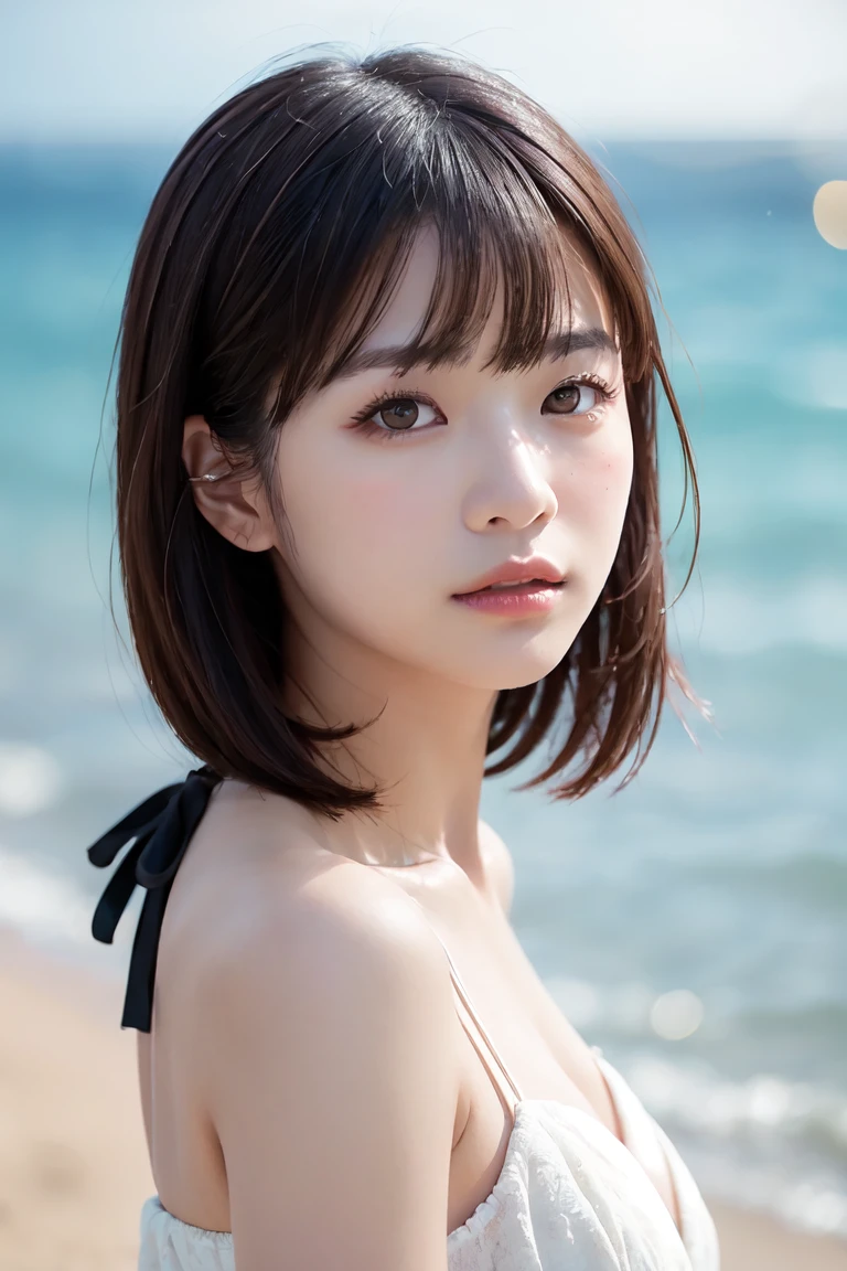 masutepiece, Best Quality, Illustration, Ultra-detailed, finely detail, hight resolution, 8K Wallpaper, Perfect dynamic composition, Beautiful detailed eyes, Swimsuit, Medium short Hair, medium breasts, Natural Color Lip,Beach, Random and cute poses,  From Side, the setting sun
