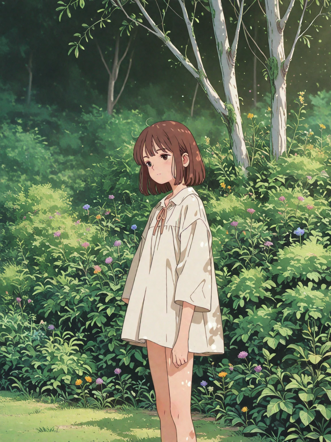 uzakichan, uzaki dark tan hair, , blue eyes, embarrassed, blushing, white shirt, pink panties, sitting with legs spread, full body outside, flowery ground, at night, starry sky, wind blowing grass