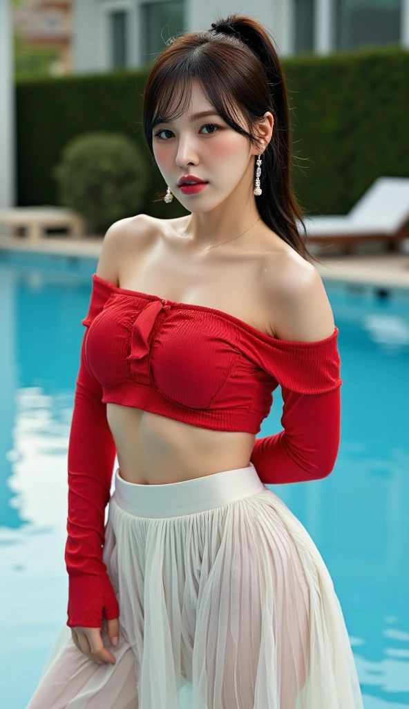 (masterpiece, best quality:1.2),bright colors,solo,photo_,(1girl:1.3),(standing:1.3),(looking at viewer:1.4),Elegant,detailed gorgeous face,(beach skirt:1.3),realistic,seaside background,(black hair:1.3),MIS,crop top,red ribbon,(big, breast),