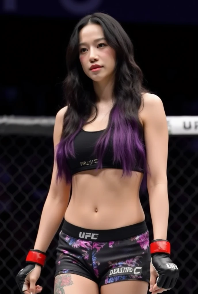 Japanese girl onlyfans model, (touching the vagina very tattooed wearing black bikini), sweaty_hair, very_sweaty_body, sweaty_bikini, ((free_hair)), (straight_hair,long_hair, purple_hair),standing in the taekwondo hall