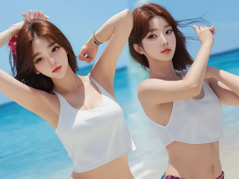Make one with black hair, brown eyes on a beach, she is wearing a black crop top, She holds a meat pastry in her hand, Next to her is a small blonde with brown eyes, the quality of the photo must be the same as that of a Motorola camera