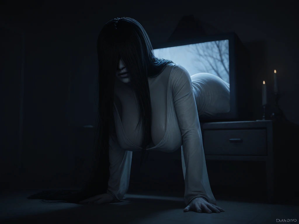 (masterpiece:1.1, Best Quality:1.1, 16K HDR, High resolution), (1girl in, Solo), Ultra-realistic portrait of Sadako Yamamura, the ring, (((Black hair, Long hair, Bangs, long bangs above the eyes))), medium , medium , medium cleavage, medium breasts, visible nipples, Inside an abandoned hut, inside an abandoned barn, farms, Realistic skin texture, Full body shot, Perfect slim body style, White Dress, face down doggy style, realistic describe of Sadako Coming through the TV,