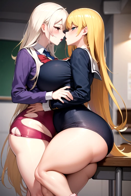 Lesbian (very long loose yellow hair)(big breasts, big thighs)(with clothes it is very tight) that he is kissing at school with his girlfriend,(big breasts, big thighs)lesbian love