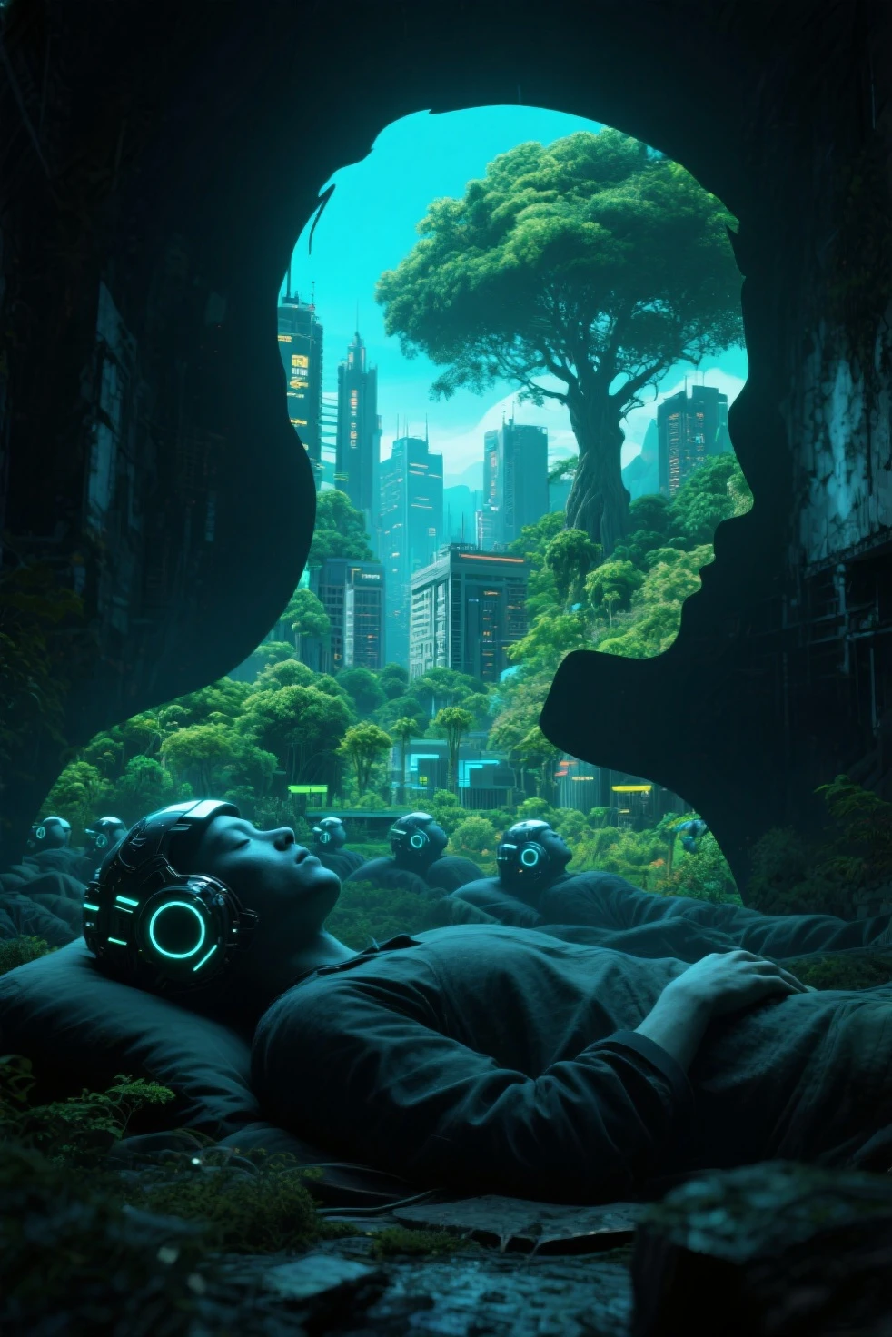 (Cyberpunk highly detailed, high-resolution photograph, double exposure, image of perfect Eden blended in the silhouette of sleeping people with head gear ,many beautiful nature and buildings in the Eden, fantasy, volumetric image, complex exposure, digital art, hyperdetailed, detail maximizer, hyperrealism, the image is vivid, high quality and high resolution dark and gloomy atmosphere in a decaying world.Double Exposure
