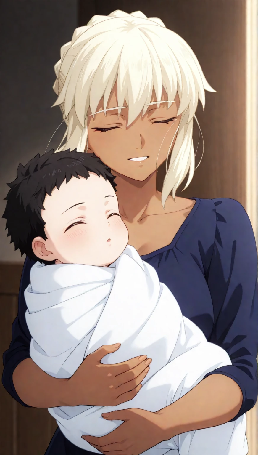 captura de pantalla de boku no hero academia, dos personas abrazandose. La primera una mujer pelinegra con puntas rojas, su cabello es largo, tiene ojos rojos, viste un vestido. In her arms she holds a newborn baby, este tiene el cabello rubio con puntas negras. La segunda persona un hombre rubio con cabello desordenado y ojos rojos, vestido de ropa casual. De fondo una sala de estar.