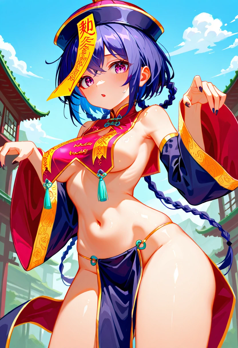 young asian, totally naked, Caucasian skin, large nipples, pink nipples, witheout panties, vagina showing, blue pubic hair, hair blue, detail-oriented eyes, blue colored eyes, Samurai sword in hand, chain collar around the neck, cyborg with robotic arms, mamilos com piercing, naïve smile, grenade belt
