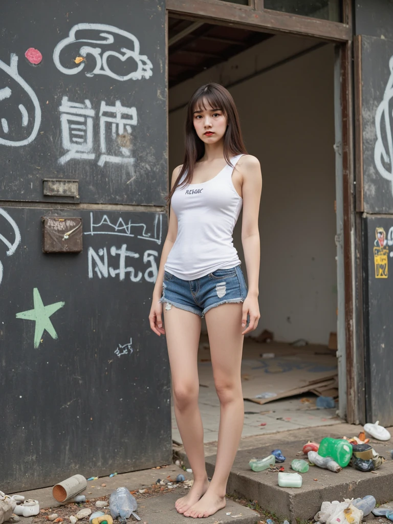 Highest image quality,best qualtiy,tmasterpiece,Abandoned buildings,Garbage all over the ground,18-year-old Korean beautiful girl,full-body portraits,Sexy standing pose,very beautiful long slim legs,NSFW,Random nudity all over the body