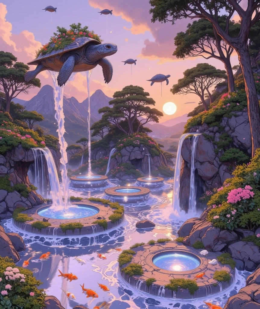 "A surreal, dreamlike artificial paradise. The landscape is filled with floating, perfectly circular pools of water resembling giant donut shapes, each with a central hole. These water rings hover above a soft, ethereal terrain and are connected by faint bridges made of light and mist. Inside each circular pool, radiant koi fish swim in elegant spirals — their orange, gold, and white bodies shimmering in the glowing liquid.
Above this utopia, enormous flying turtles drift gracefully. Their shells are made of translucent, jelly-like material — glowing softly and tinted in pastel blues, purples, and greens. Inside their gelatinous shells, self-contained ecosystems are clearly visible: lush miniature forests, glowing fungi, waterfalls, and floating islands — like entire biomes suspended in flight.
The sky is a pastel gradient of peach, lilac, and gold, like an endless sunset. Small glowing particles float through the air, adding a dreamlike magic to the scene. The aesthetic blends the natural and the synthetic in harmony, evoking a serene, futuristic utopia — peaceful, colorful, and filled with life."