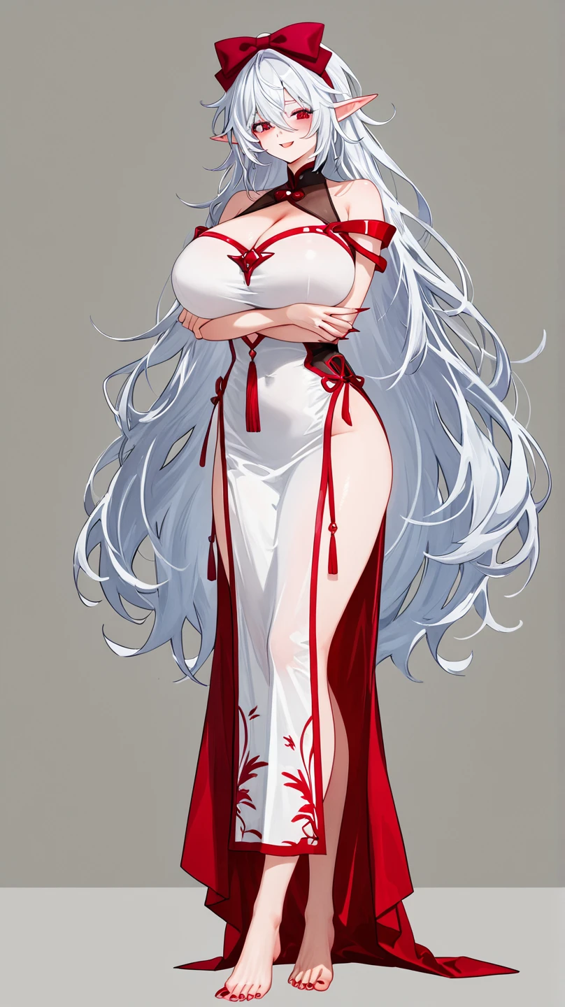 Master anime works，An impeccable masterpiece，8K picture quality: A mature noblewoman in cool sexy clothes standing on solid red background，Female boss，Flowing silver hair，Full-body standing，Slender legs，Straight breasts，Detailed facial details，Naturally beautiful standing，Vivid and authentic body details